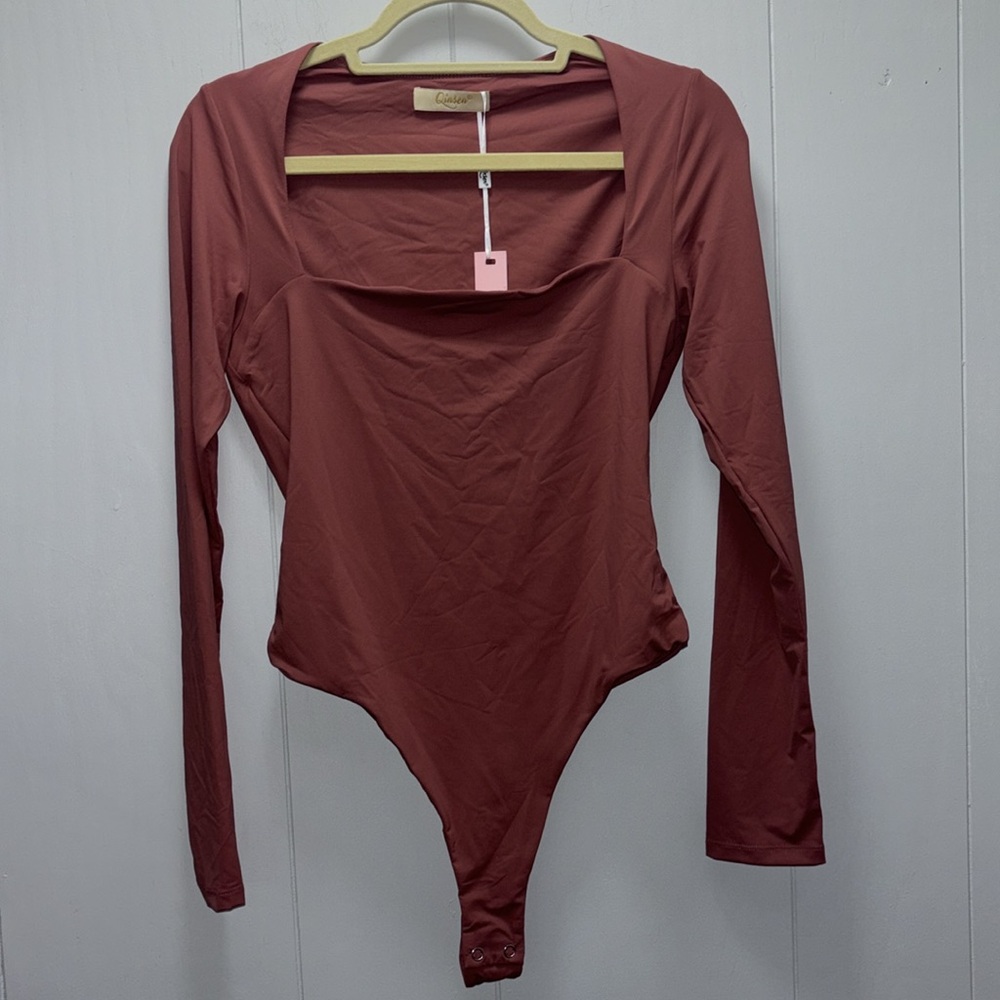 Qinsen Square Neck Bodysuit Long Sleeve Double Lined Merlot XL - Picture 4 of 5